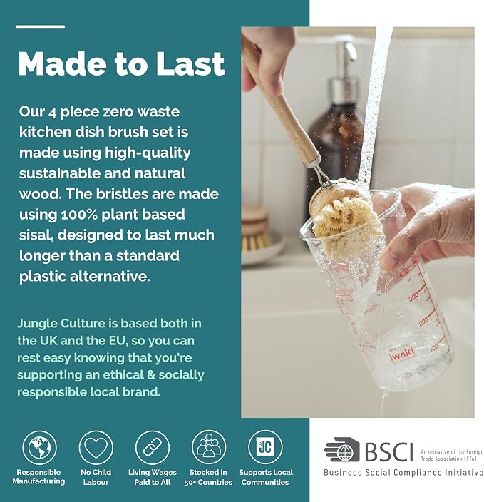 Jungle Culture 4 Piece Bamboo Dish Brush Set for Washing Up • Long Lasting Wooden Dish Brush with 3 Replacement Heads & Loofah Sponge Scourer • Eco Friendly Wooden Scrub Brush for Pots, Pans & Dishes