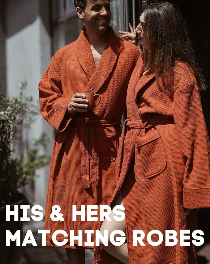sea me at home Turkish Cotton Waffle Bathrobe, Luxury Spa Hotel Shawl Collar Robe for Women & Men, Plush Terry Inside