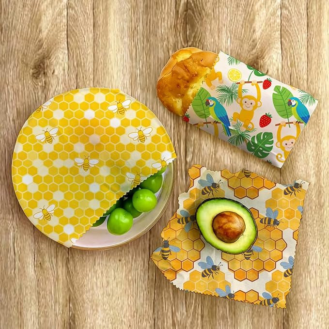 Reusable Beeswax Wraps, 9 Pack Eco-Friendly Food Storage, Organic, Sustainable, Zero Waste, Plastic-Free, for Sandwich, Fruit, Bowl, Bread, 1XL, 3M, 5S, Bees Honeycomb Monkey Parrot Patterns