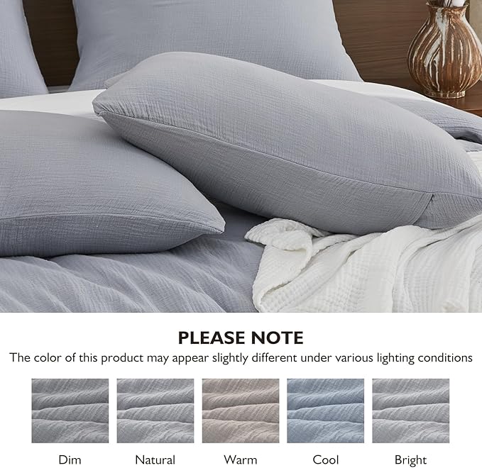 EMME Muslin Cotton Duvet Cover Set Light Grey King Size Linen Like Soft Breathable Lightweight Summer Comforter Cover Set with Zipper Closure (Light Grey, King, 104"x90")