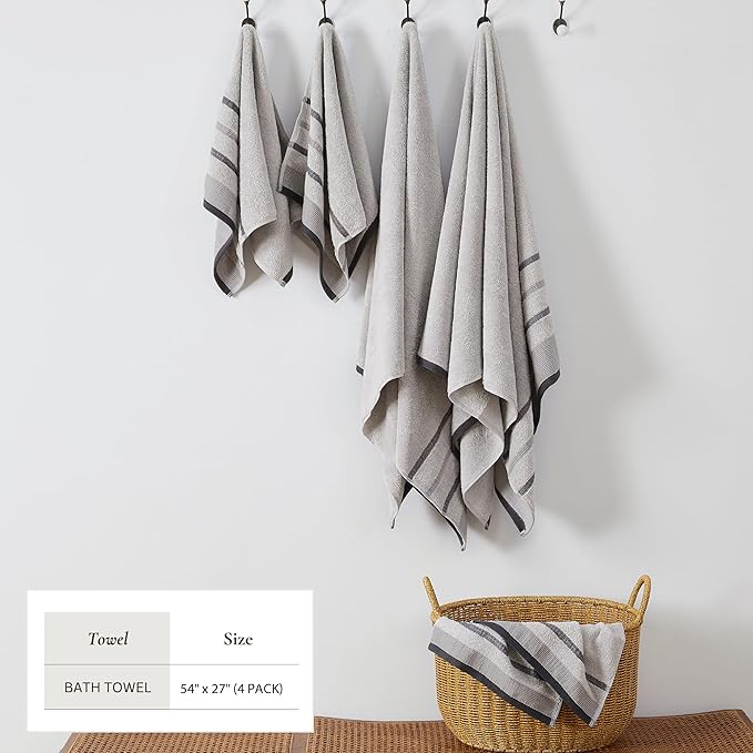 Great Bay Home Decorative Bath Towel Set - Cotton 4 Pack 54x27 Bath Towel Set - Durable Towels for Bathroom Decor (Light Grey/Mid Grey/Dark Grey)