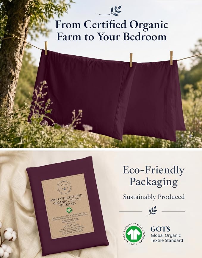 LANE LINEN 100% Organic Cotton Twin Fitted Sheet, 2-Piece Set (1 Fitted Sheet, 1 Pillowcase), Percale Weave, Lightweight, Soft, Breathable, Fits Mattress Upto 15' Deep - Windsor Wine (No Flat Sheet)