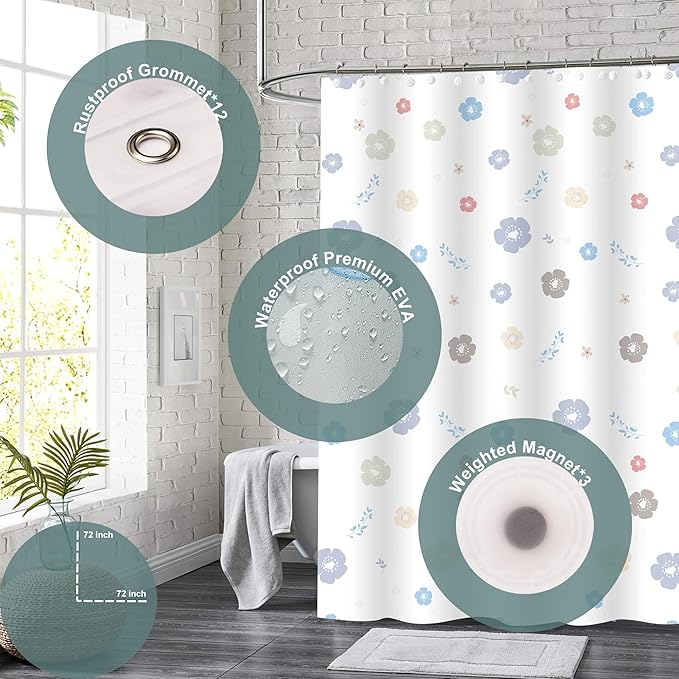 Plastic Shower Curtain Liner, Premium EVA 5G Cartoon Flower Shower Curtain, Shower Curtains for Bathroom with 3 Magnetic Weights and Rustproof Grommets (Cartoon Flower, 72x72 in)