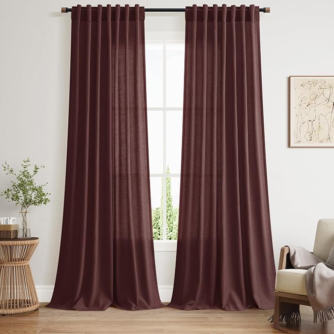 Reddish Brown Linen Curtains 90 Inch Long 2 Panels Set for Bedroom Living Room, Soft Linen Textured Window Drapes Semi Sheer Light Filtering Rod Pocket Back Tab Morden Style 52x90