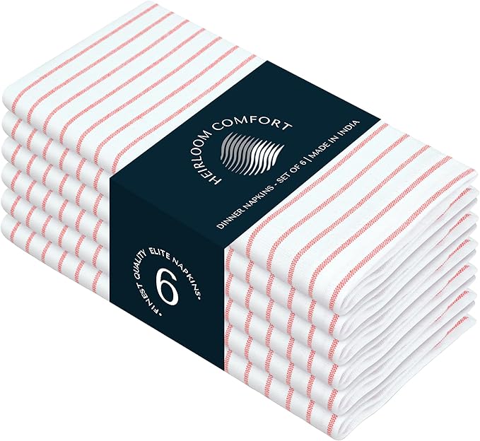 Orange Stripe Fabric Napkins (Set of 6), Large 18 x 18 Inches, 100% Cotton, Machine Washable, Classic Striped Cloth Napkin for Dinner, Lunch, Parties, Celebrations, Everyday Use