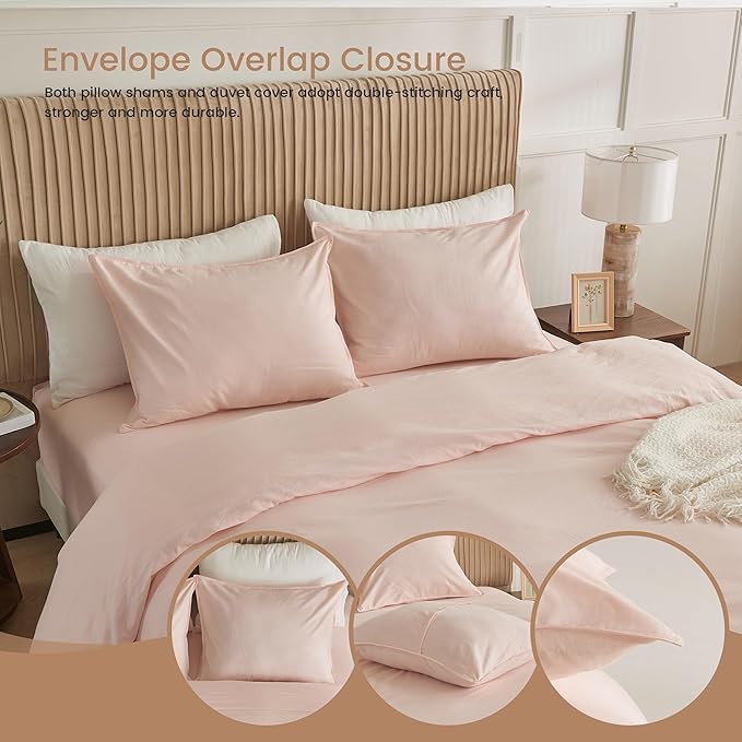 BISELINA French Linen Duvet Cover Set 2pcs with Hidden Zipper Closure Natural Flax Cotton Blend Solid Color Soft Breathable Luxury Farmhouse Bedding - Twin Size, Pale Pink