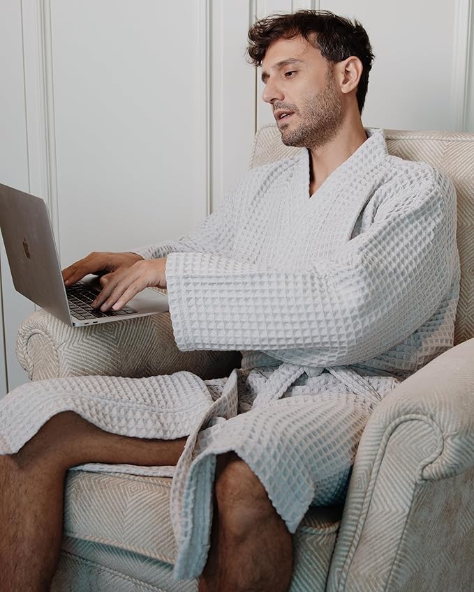 100% Cotton Waffle Kimono Bathrobe for Men & Women, Cozy Leisurewear with Functional Pockets, Comfortable Robe for Relaxation