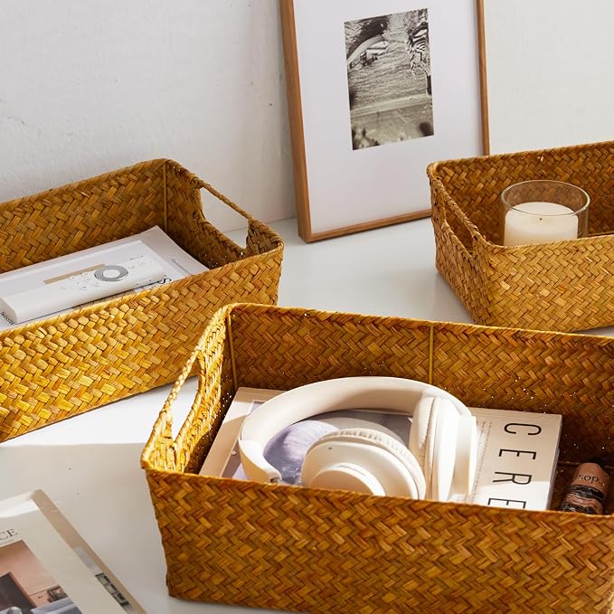 Seagrass Storage Basket with Handles, Stackable Woven Baskets Bins Container for Organizing Shelves Bedroom Living Room, Set of 3, Natural