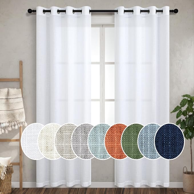 Pitalk White Linen Curtains 105 Inches Long for Living Room 2 Panel Sets Grommet Semi Sheer Curtain Drapes for Family Room Patio Glass Sliding Door Doorway Industrial Farmhouse Decor 52 x 105 Length