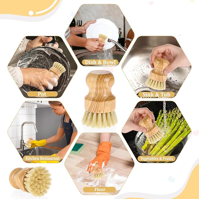 10 Packs Bamboo Dish Scrub Brushes Natural Dish Scrubber with Sisal Bristle Kitchen Dishwashing Cleaning Brush for Kitchen Cleaning Dishes, Pots, Pans, Bottles, Vegetables