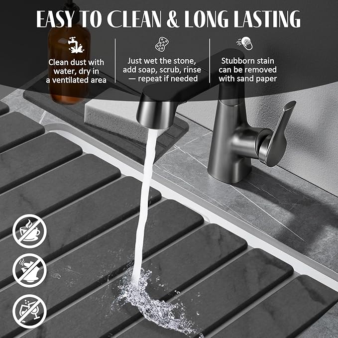 Large Stone Dish Drying Mat for Kitchen Counter, Quick Dry Dish Drying Mats, Foldable Absorbent Diatomaceous Earth Mats for Dishes Bottles Cup, Match Any Countertop (Gray Marble 28"×16" & 8"x4")