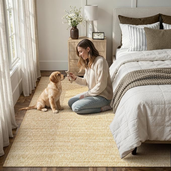 LEEVAN Boho Living Room Rugs 5X8 ft, Washable Area Rug Woven Cotton Modern Bedroom Rugs, Farmhouse Tan Braided Floor Carpet Rug for Dining Room Nursery Room Home Decor