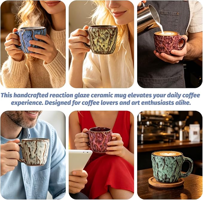 DorkTees 9oz Handmade Reactive Glaze Stoneware Coffee Mug, Luxury Rustic Textured Cup with Handle, High-Fired Ceramic Mug, Microwave & Dishwasher Safe, Gift for Coffee Lovers. (Cyan)
