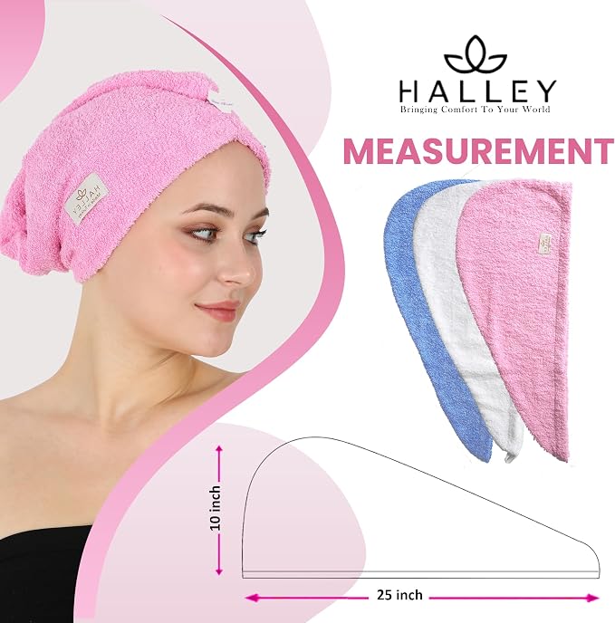 HALLEY Cotton Hair Towel Wrap (3 Packs) Super Absorbent Fast Drying Hair Towel for Thick Hair Turbans for Wet Hair with Button (Pink, Blue, White)