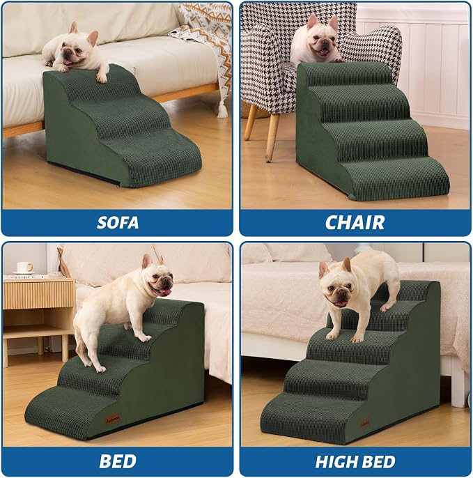 Aodisman 5-Step Dog Stairs and Ramp for High Bed, Non-Slip Sturdy Pet Steps for Small Dogs and Cats,22.2" H,Green