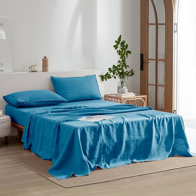 EVERLY Linen California King Size Sheets Set, 100% Stonewashed French Linen Bed Sheets Deep Pocket Sheets, 4 Pieces (1 Flat Sheet, 1 Fitted Sheet, 2 Pillowcases) Natural Flax Bedding Set-Blue