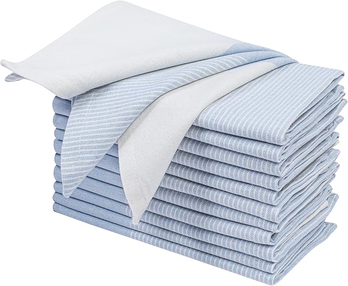 Ramanta Home Cloth Napkins Set of 12 18x18 Inches - Spring Basket Decor Block Striped Dinner Napkins for Easter Farmhouse Wedding, Washable Soft Cotton Durable Table Linen -Everyday Use - Light Blue