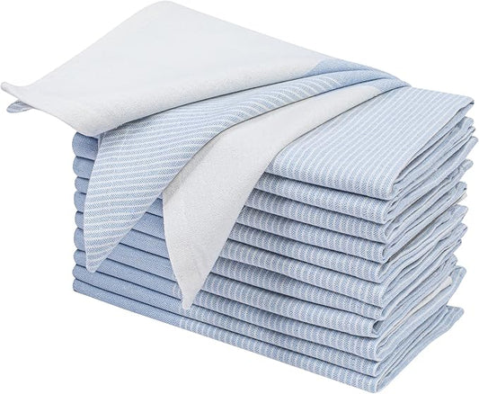 Ramanta Home Cloth Napkins Set of 12 18x18 Inches - Spring Basket Decor Block Striped Dinner Napkins for Easter Farmhouse Wedding, Washable Soft Cotton Durable Table Linen -Everyday Use - Light Blue