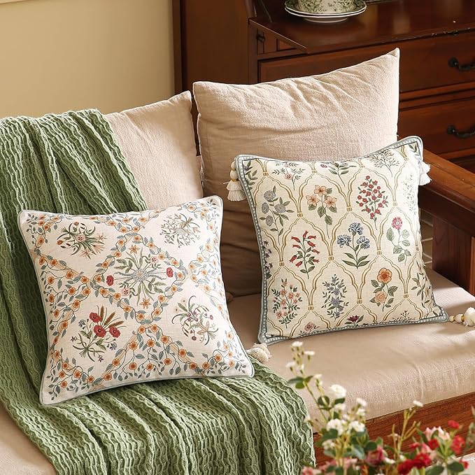 ISAENNE Design Linen Throw Pillow Covers 18"x18" Pack of 2, Square Farmhouse Cushion Covers with Red Pink Yellow Watercolor Wildflower Pattern Decor Pillowcases for Bed,Living Room,Outdoor,Car