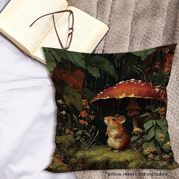 Rat Mouse Mushroom Throw Pillow Cover Gifts 18x18, Dark Academia Cottagecore Decor Pillow Cases for Bedroom Living Room, Vintage Moody Forest Decorative Square Pillowcases for Couch Bed Sofa