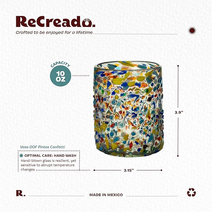 Confetti Dots Hand Blown Tumbler Glasses Set of 6 – Colorful Mexican Glassware – 10 oz Recycled Glass Tumbler – Hand blown Mexican Drinking Glasses for Cocktails, Wine & Tequila