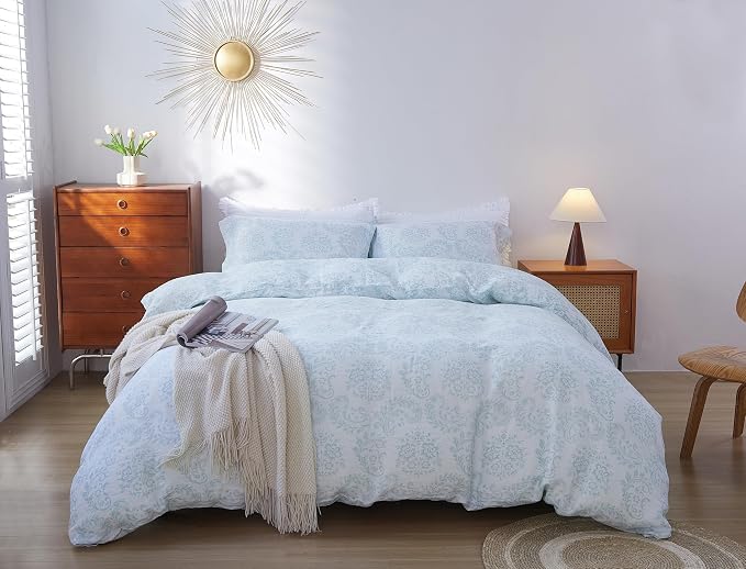 100% French Flax Linen Duvet Cover Set King Size, 3pcs Digital Botanical Printed Paisley Floral Bedding Comforter with Button Closure and 8 Corner Ties, Vintage Country Style(Paisley, King)