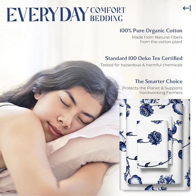 Mayfair Linen 100% Organic Cotton Printed Sheets California King Size - Percale Weave Cotton Cal King Size Sheet Set (4 PC, Floral Blue), Soft & Crisp, GOTS Certified, Cooling Sheets, 16" Deep Pocket