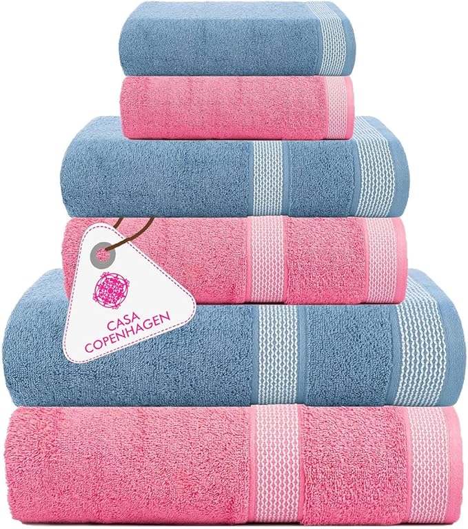 CASA COPENHAGEN Solitaire 6Pcs 100% Egyptian Cotton Large Designer Towels Gift Set- Dusty Rose - Steel Blue, 2Bath 2Hand 2Washcloths, Bath Towels for Bathroom (Box Pack, Gift Set for Women & Men)