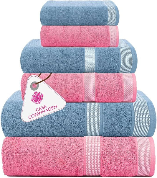 CASA COPENHAGEN Solitaire 6Pcs 100% Egyptian Cotton Large Designer Towels Gift Set- Dusty Rose - Steel Blue, 2Bath 2Hand 2Washcloths, Bath Towels for Bathroom (Box Pack, Gift Set for Women & Men)