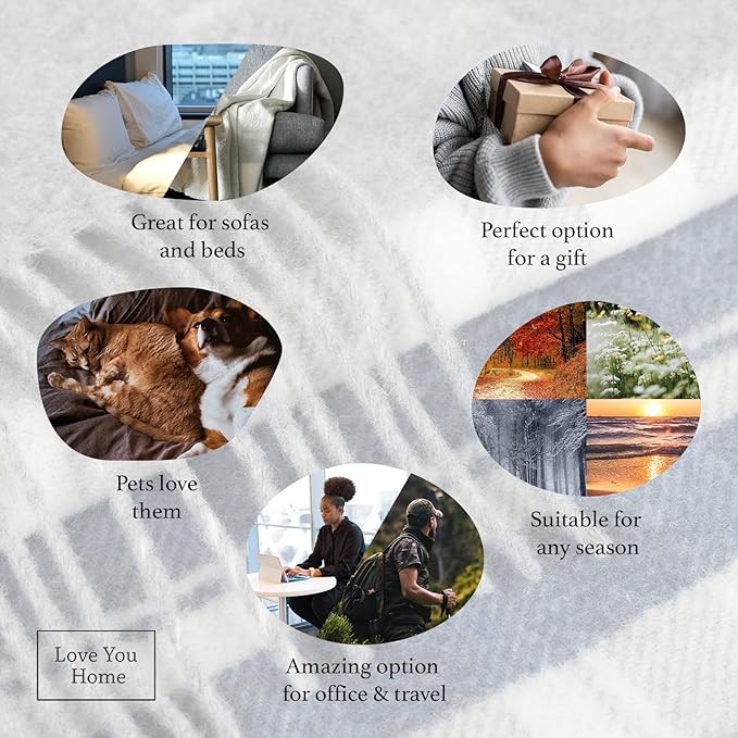 LYHome Cashmere Blanket with Merino - Luxury Wool Throw Soft Cozy and Warm, Decorative Throws Couch Bed Sofa, Warmest Blankets for Travel Camping & Cold Weather 55x79 | Grey - Dark Blue - White Tartan