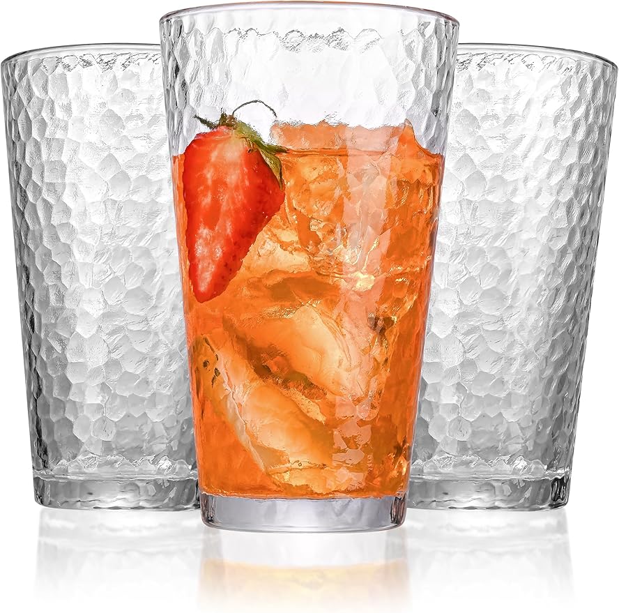 Amyoole Drinking Glasses Set of 8,16oz Clear Highball Water Glasses,Stackable Lead-Free Hammered Glass Cups,Kitchen Drinkware Glassware for Cocktail,Beer,Juice,Iced Tea,Margaritas and Mixed Drinks