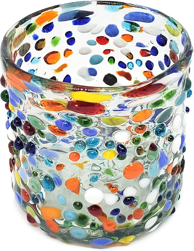 Confetti Rocks 8 oz DOF Glasses (set of 6) | Hand Blown Drinking Glasses, Multicolor Mexican Glassware Tumblers for Water, Juice, Margaritas & Cocktails | Lead-free, Toxin-Free