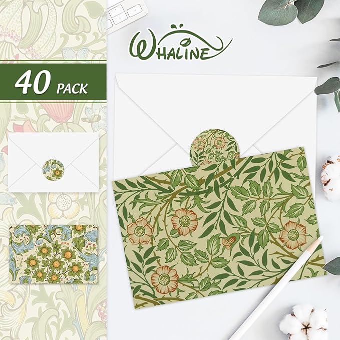 Whaline 40 Packs William Morris Greeting Cards with Envelopes Stickers Vintage Greenery Stationery Card Green Leaves Flower Blank Note Cards for Birthday Baby Shower Party Supplies, 4 x 6 Inch