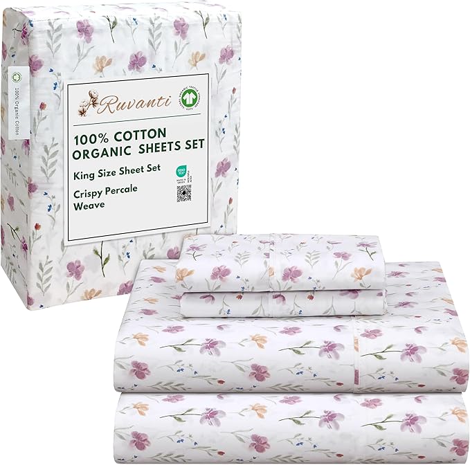 RUVANTI 100% Cotton Organic Percale Sheets King Size – Crisp Cooling Bed Sheets for Hot Sleepers, Deep Pocket 15”, Soft Peach Finish, Breathable & Durable Hotel-Style 4 Pcs, Obsessed Stems
