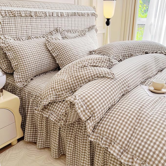 mixinni Tan Gingham Ruffle Duvet Cover Queen Size 3 Pieces – 100% Washed Cotton, Vintage Plaid Ruffled Bedding Set with Zipper Ties, Soft Cream Checkered Grid Farmhouse Chic Comforter Cover Set