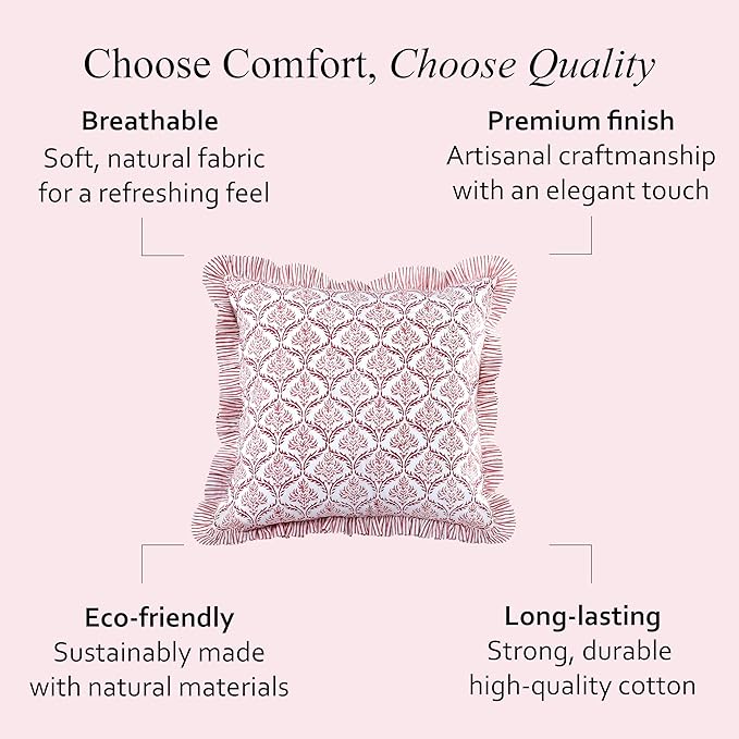 CPC Blush Rose Hand Block Print 100% Cotton Ruffle Throw Pillow Cover 24x24 inch with Hidden Zipper Decorative for Couch, Bed, Sofa, Farmhouse, Cottagecore Decor Gift Christmas Fall Thanksgiving