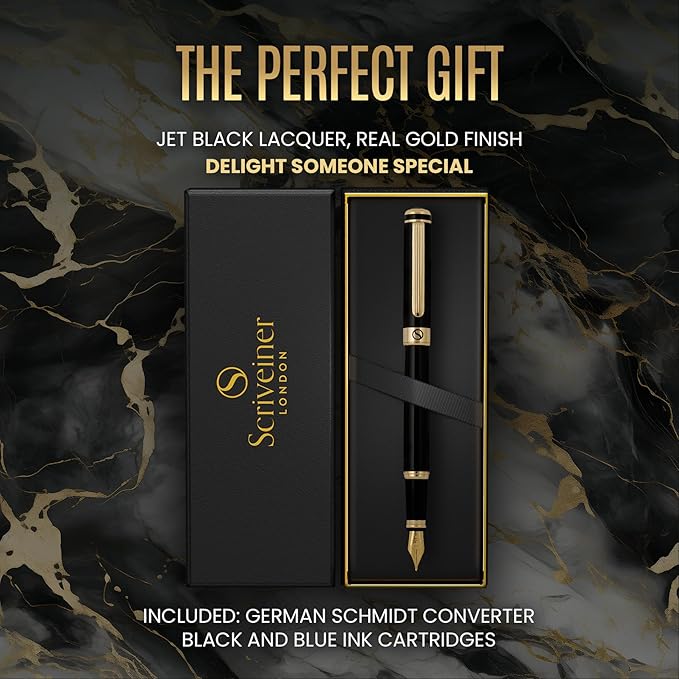 Scriveiner Luxury Fountain Pen - Stunning Black Lacquer Pen, Real Gold Finish, Schmidt Gilded Nib (Fine), Converter, Best Pen Gift Set for Men & Women, Professional, Executive, Office, Nice Pens