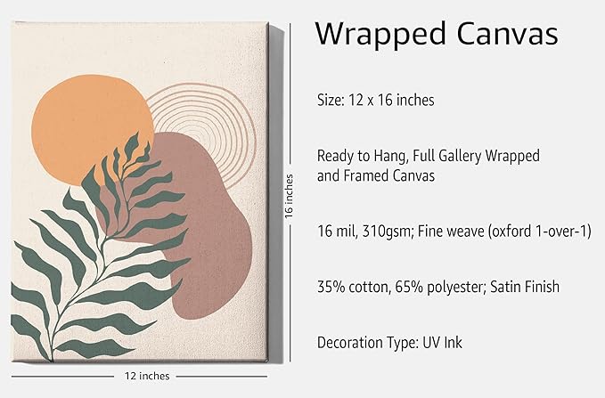 Boho Monstera Leaf Wrapped Canvas Wall Art Abstract Sun Earth Tones Terracotta 12x16 Inch Gallery Stretched Mid Century Modern Home Art Decor