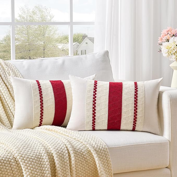 Fancy Homi Set of 2 Boho Red Lumbar Decorative Throw Pillow Cover 12x20 Inch for Couch Bed Sofa Chair, Modern Organic Farmhouse Home Decor, Soft Cotton Cute Accent Rectangle Cushion Case