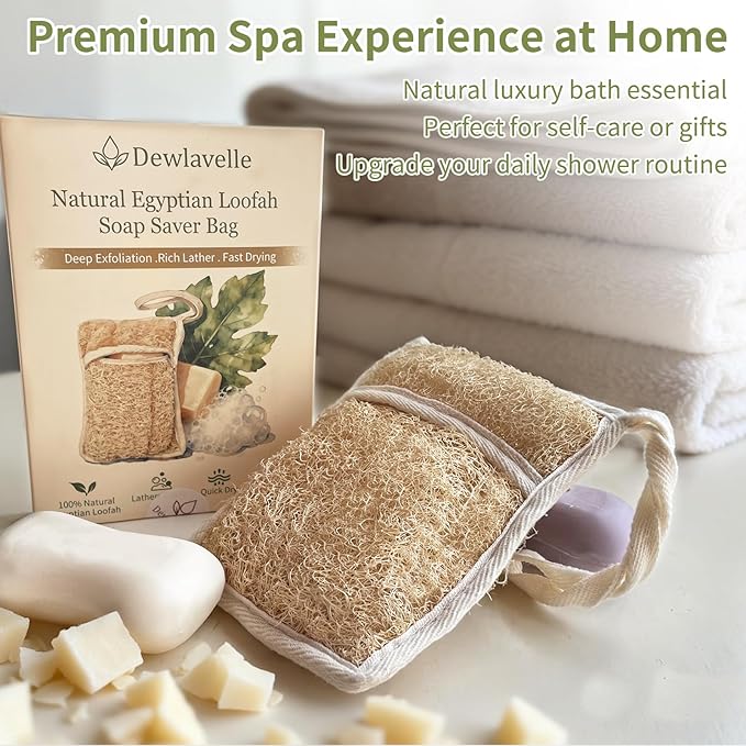 Soap Bag Made from Natural Egyptian Loofah, Luxury Exfoliating Soap Saver Bar Soap Pouch with Rich Foam, Rough Texture, Quick Drying, Long Hanging Loop for Shower & Travel (2 Pack)