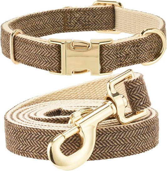 Luxury Soft Cotton Tweed Fabric Dog Collar & Leash Set with Gold Buckle – Durable Fabric, Stylish Design for Everyday Walks(Medium Coffee)