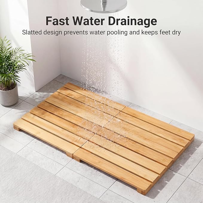 Bamboo Bath Mat for Bathroom Waterproof Foldable Shower Mat Non-Slip Quick Dry Bath Rug Heavy Duty Floor Mat for Shower Tub,Wood,L23.5''×W15.6''×H2''