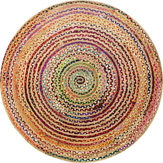 COTTON CRAFT Jute Chindi Braid Rag Rug - Boho Farmhouse Rustic Area Accent Throw Rug - Handwoven Reversible Natural Recycled Cotton - Living Room Den Study Home Décor Gift - 6 Feet Round - Multi Color