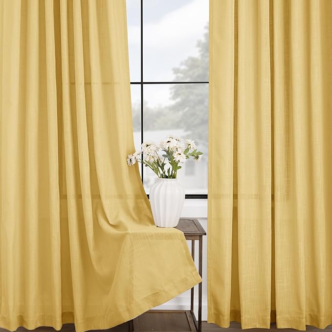 Gold Curtains for Living Room Back Tab Modern Farmhouse Semi Sheer Gold Curtains 45 inches Long 2 Panels Set Muted Neutral Window Curtain for Dining Room Bedroom 52x45