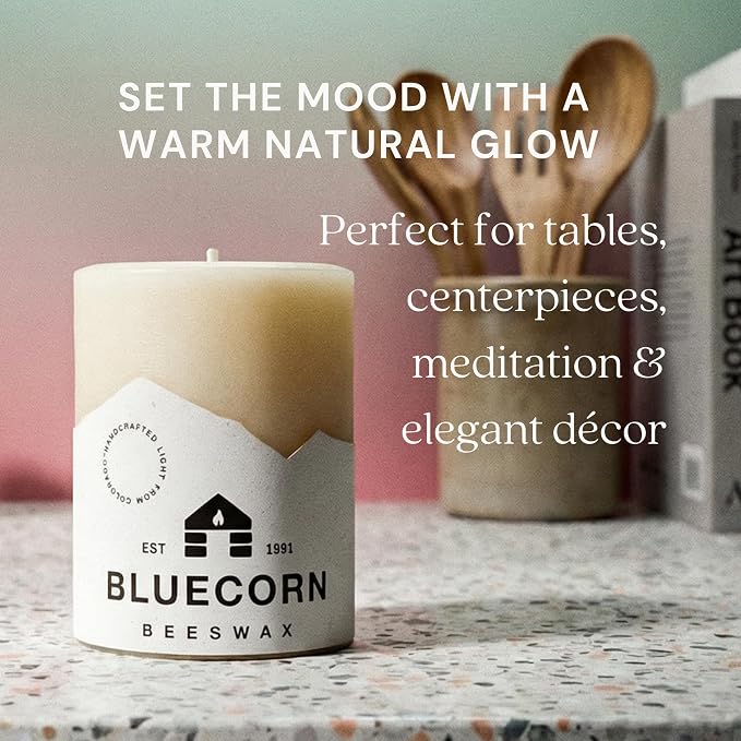 Bluecorn Beeswax Pillar Candle, Ivory White, 3x4, 1 Count | 100% Pure Natural Bees Wax, Clean Burning & Dripless, Long Lasting (60 Hrs), Paraffin, Soy & Fragrance Free, American Made