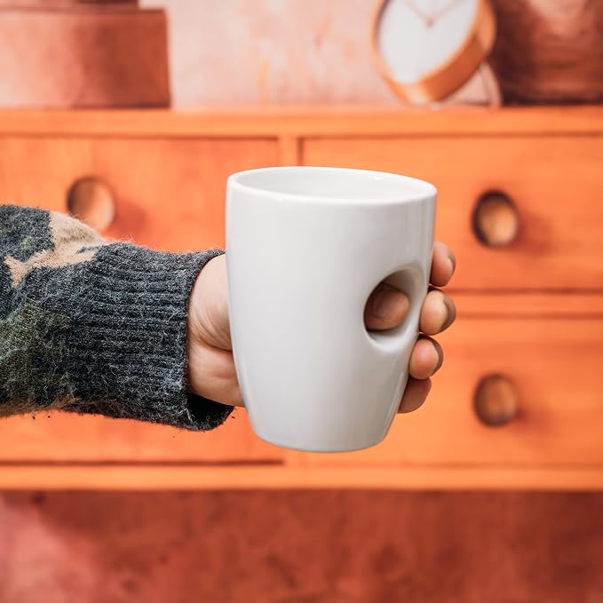 Full Handwarmer Mug 12oz, Central Grip To Comfy Warm Your Hands & Fingers While Drinking Your Favorite Hot Drink, Hand Warmer Cup, Ceramic and Hand Painted - Finger Insert Holds Warmth Gift (White)