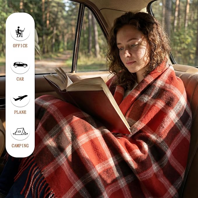 Soft Pure Wool Throw Blanket, Lightweight Warmth, 55"x83", Plaid, Fringe, Compact with Bag, Useful Gift for Women Men, All Season Decorative Cozy Travel Blanket for Couch Bed, Outdoors