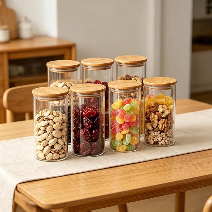 6Pack Glass Food Storage Containers with lids (1.5QT/0.8QT) | Glass Containers with Bamboo Lids for Overnight Oats, Coffee, Spices, Candies, Flour