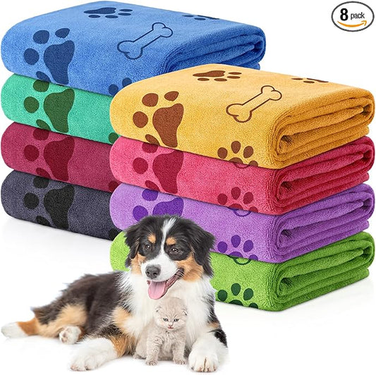 Chumia 8 Pcs Dog Towels for Drying Dogs Cats Pet Towels Bulk Puppy Microfiber Fast Drying Paw Bath Bathing Supplies Absorbent for Medium Pets(40 x 24 Inch,Dog Paw and Bone,Colorful)