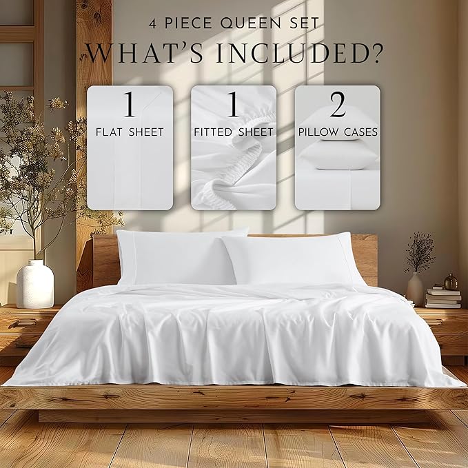 Linen Closet 4Pc 100% Organic Cotton Queen Sheet Set, White, 300 Thread Count, Naturally Derived EarthColors, Deep Pocket Fitted Sheet (Up To 18"), Smooth & Soft Bed Sheets Set, Juego De Sábanas Queen